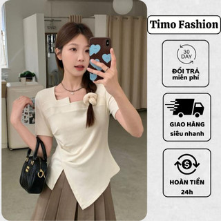 Áo thun nữ ngắn tay TIMO, Áo kiểu nữ vạt chéo, xẻ tà, cổ vuông, form ôm dáng basic, vải thun tăm co giãn, AOT141