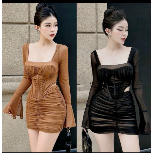 Set Thun Lưới Crotop Tay Loe mix Chân Váy Ôm Body