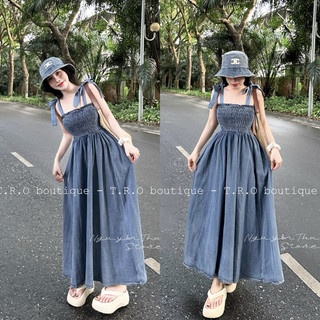 Váy bò 2s nơ vai chun ngực Tro QC - Sale