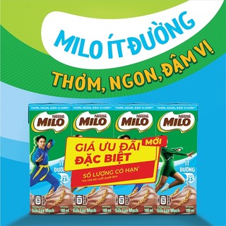 4 hộp thức uống lúa mạch uống liền Nestlé MILO ít đường 180ml