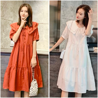 Đầm babydoll cổ sen viền ren 2 màu