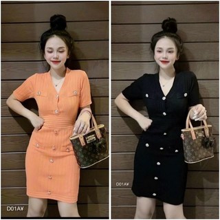 Đầm len nữ cổ V dáng ngắn ôm váy body dệt kim tay ngắn đính cúc nổi sang trọng, hàng quảng châu loại đẹp