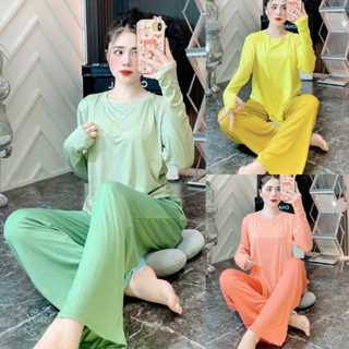 Đồ bộ nữ, set đồ ủ kem thun lạnh lụa dẻo mềm mịn mát quần ống rộng và áo tay dài xỏ ngón, bộ mặc nhà
