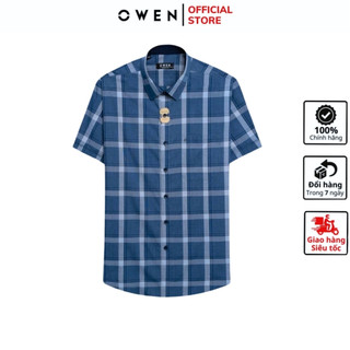 Áo sơ mi ngắn tay nam OWEN AR240067NT somi công sở cao cấp vải sợi tre màu xanh đậm kẻ caro dáng suông tà lượn có túi