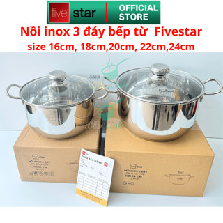 Nồi inox FiveStar Standard 3 đáy sandwich bếp từ nắp kính size 16cm / 18cm / 20cm / 22cm / 24cm , hàng chính hãng