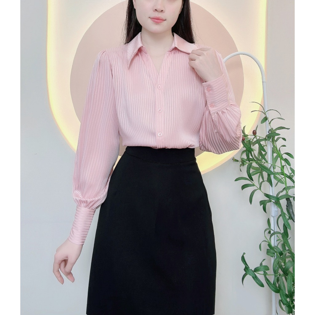 Áo sơ mi nữ thiết kế tơ tằm sọc cao cấp cổ V sang trong chất liệu mềm mát LAMO-B1243 | BigBuy360 - bigbuy360.vn