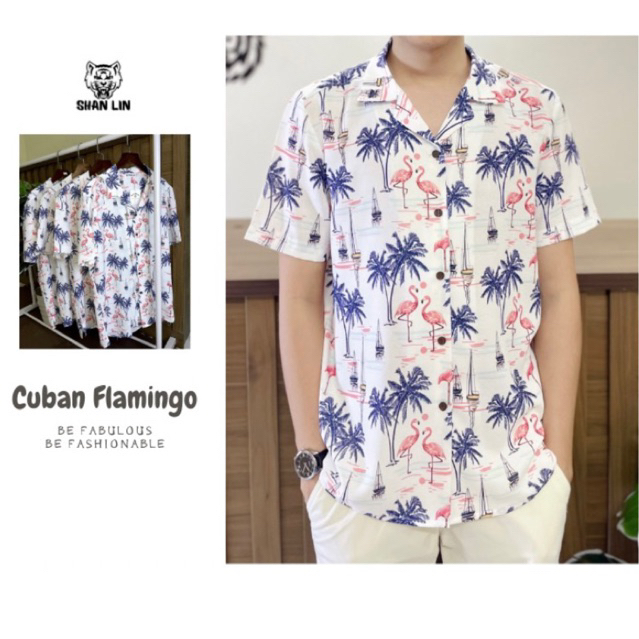 Áo sơ mi Cuban Hoạ tiết hồng hạc | SHALIN | Cuban Flamingo chất liệu Đũi mịn thoáng mát chống nhăn