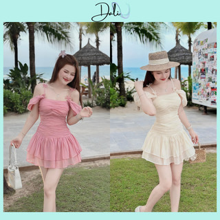 Váy Dự Tiệc Dúm Thân Trễ Vai 2 Dây Nơ Bánh Bèo Chất Liệu Tơ Xốp Kèm Quần Trong