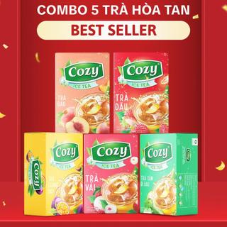 Combo 5 Trà Cozy Hoà Tan Ice Tea (5 hộp x 16 gói x 15gr) Gồm Đào, Dâu, Vải, Chanh Dây, Sâm Bí Đao Thanh Nhiệt, Giải Khát
