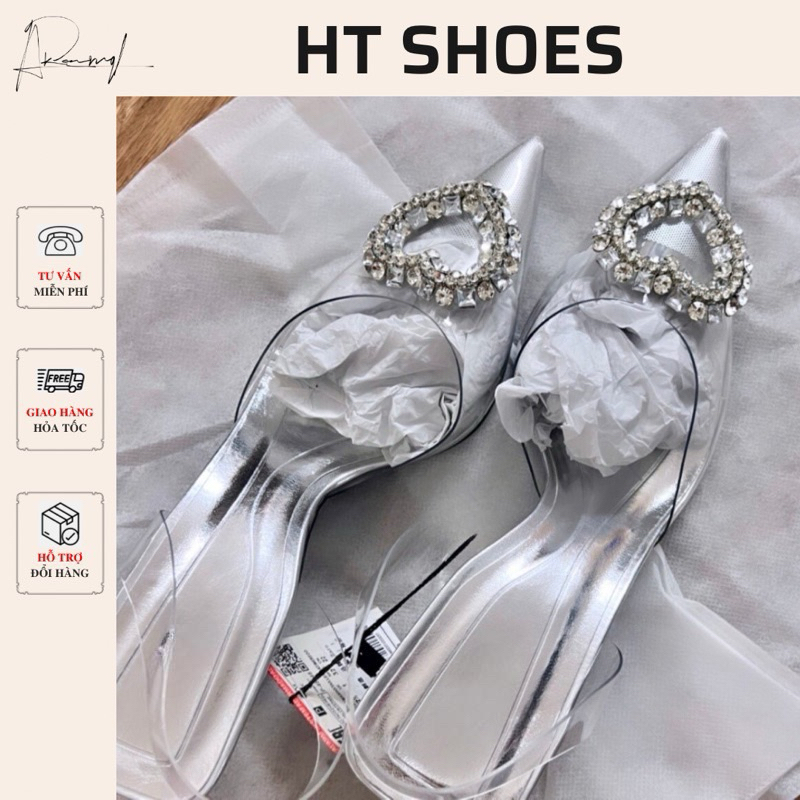 Giày sandal Z mũi nhọn đính đá trái tim Mika bóng bạc đế mảnh cao 5cm phong cách tiểu thư sang chảnh 𝟲𝟬𝟲𝟳-𝟳