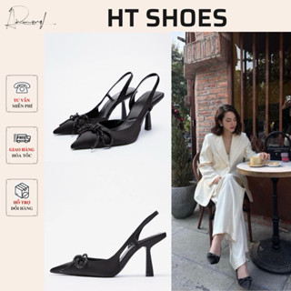Giày sandal cao gót Z mũi nhọn thắt nơ lấp lánh đế cao 6cm vải lụa Satin phong cách cá tính dễ phối đồ fullbox 7151-2