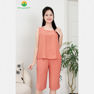 Đồ bộ nữ mặc nhà Việt Thắng chất Linen quần lửng, áo sát nách màu cổ vuông - B45.2407