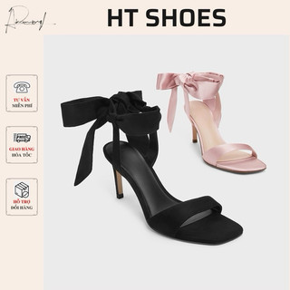 Giày sandal cao gót nhọn C mũi tròn hở quai lụa thắt nơ cổ điệu đà đế cao mảnh 8cm hack dáng phong cách dịu dàng #8324