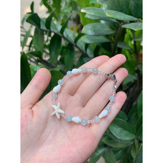 Vòng tay Aquamarine mix charm ốc, sao biển Acrylic, khoá thép không gỉ