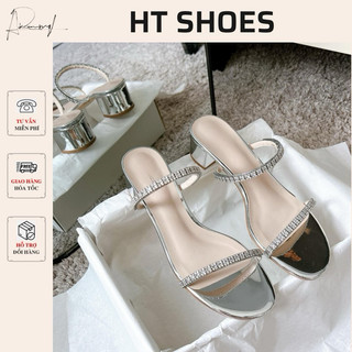 Sandal giày C cao gót mũi tròn quai đá ngang lấp lánh đế trụ cao 5cm phong cách retro Pháp cá tính Fullbox #7130-5