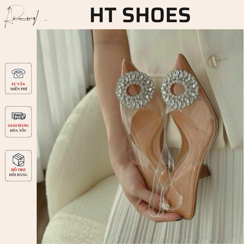  Giày sandal Z hở gót Mika mũi nhọn đính đá tròn màu nâu gót nhọn cao 8cm phong cách tiểu thư Pháp sang chảnh mới 2128 