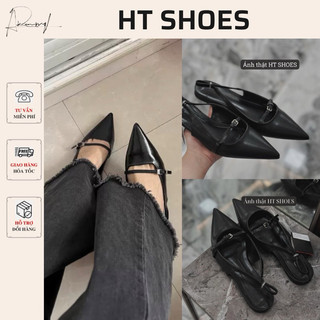 Giày sandal Z mũi nhọn đế bệt 1cm da lì đen trơn phối khoá ngang độc lạ phong cách cá tính cho nữ 2023 fullbox #2359-6