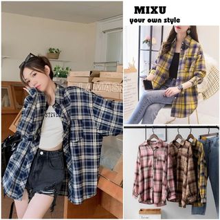Áo sơ mi nữ kẻ sọc caro, tay dài, phong cách đơn giản basic - Áo sơ mi dáng rộng thoải mái vận động - MIXU ASMK01