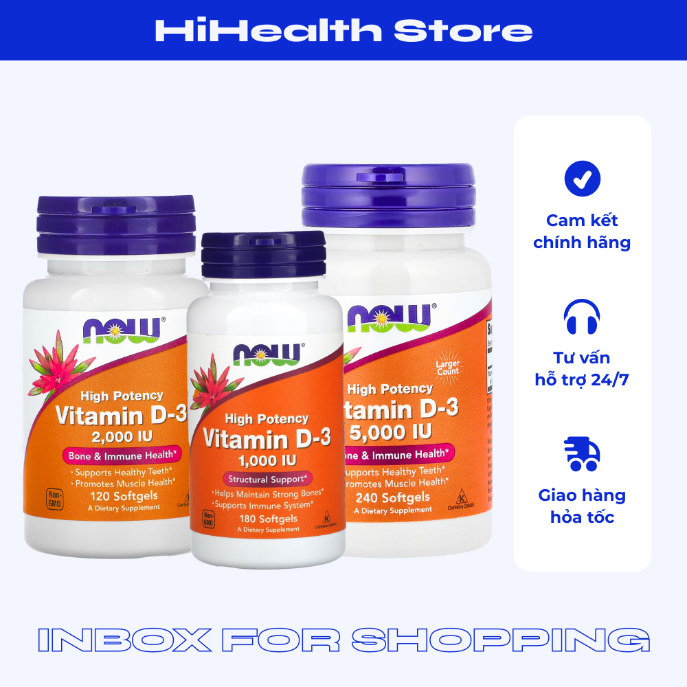 Viên uống NOW Vitamin D3 1000 IU 2000 IU 5000 IU hỗ trợ xướng khớp và tăng sức đề kháng