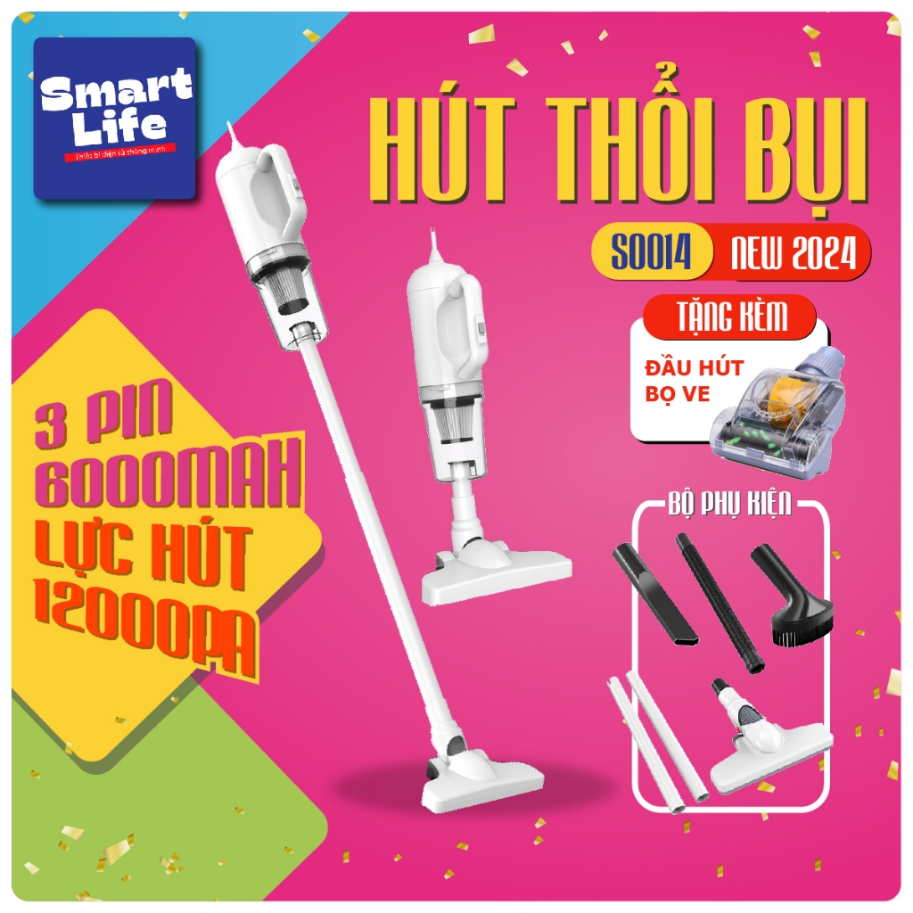 HÚT THỔI BỤI 2IN1 Máy hút bụi không dây lực hút mạnh 12.000Pa Smartlife S0014 TẶNG KÈM ĐẦU HÚT NỆM