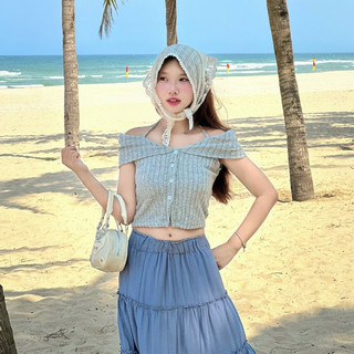 Áo thun trễ vai hè dáng croptop cho nữ có dây thắt sau cổ hàng nút trước GAGO GA4775 4776