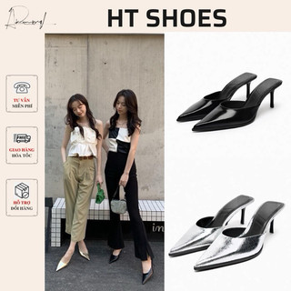 Giày cao gót Z mũi nhọn hở gót da trơn hai màu đế mảnh cao 6cm phong cách retro Pháp cá tính phù hợp công sở #5067