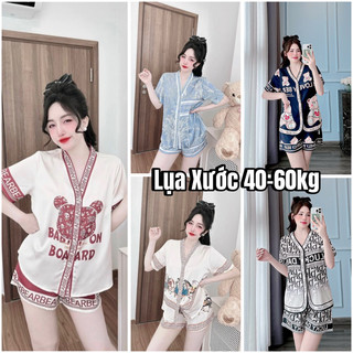 Đồ ngủ mặc nhà - pijamas đùi lụa xước cổ V in hoạ tiết