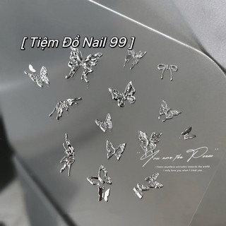 Set charm nơ, charm bướm bạc kim loại cao cấp phụ kiện trang trí móng tay