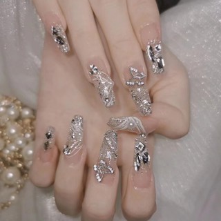 Móng tay giả đính đá đính charm CZ206, Nailbox nail xinh, Bộ 24 móng tay giả đá đá kèm keo
