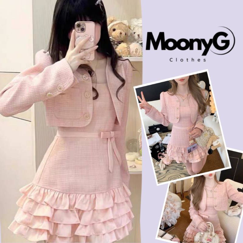 Set váy dạ hồng dáng ngắn váy mùa đông nơ eo kèm áo khoác dạ nữ | MoonyG