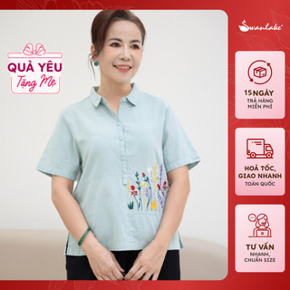 SWANLAKE | Áo Kiểu Sơ Mi Nữ Trung Niên Tay Ngắn Cài Nút Thêu Hoa Vải Linen Tặng Mẹ, Cho Mẹ Swanlake - A11096