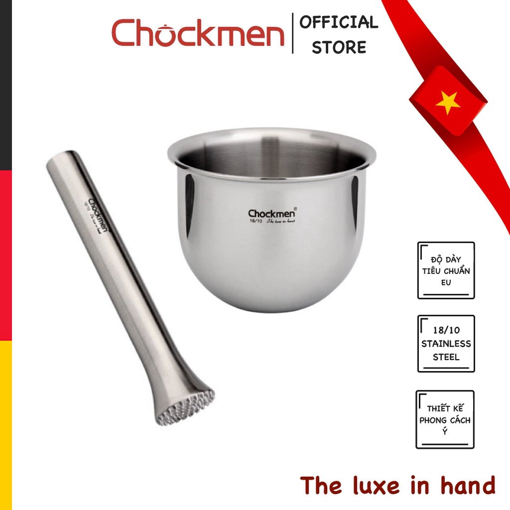 Chày Cối CHOCKMEN Inox 18/10 Dụng Cụ Giã Tỏi Gừng Gia Vị Chày Cối Inox Nghiền Các Loại Hạt