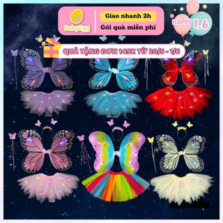 Cánh bướm PHÁT SÁNG kèm Váy có Đèn LED bờm gậy 4 Chi tiết Set đồ chơi hóa trang cho bé gái 2 3 4 5 6 tuổi BabyEgg