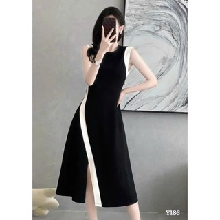 *Đầm thời trang nữ sang chảnh tiểu thư siêu xinh Đầm chất tăm gân xẻ tà phối viền trắng dáng dài midi tôn dáng