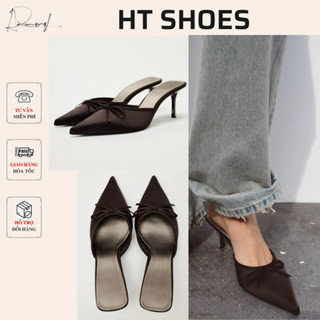 Giày sandal cao gót Z mũi nhọn đính nơ nhỏ màu nâu đen chất lụa Satin phong cách nữ duyên dáng Fullbox 5067-2