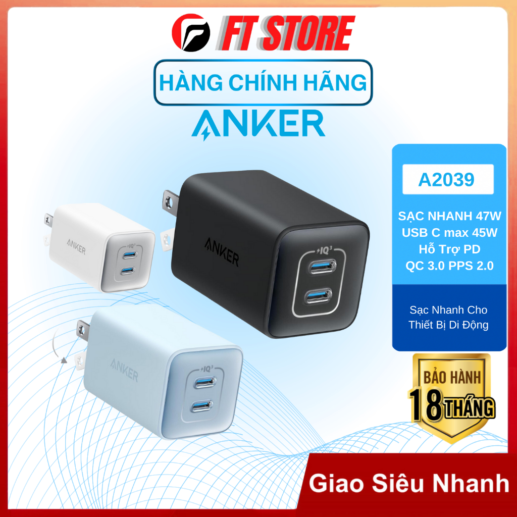 Củ sạc nhanh Anker 47W 2 USB C A2039 (Nano 3) GaN 2 PD QC 3.0 PPS 2.0 cổng nhỏ gọn chân gập - chính 