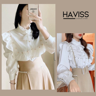 Áo sơ mi nữ Haviss công sở, kiểu bèo đính cúc phối ren, cổ bèo phối nơ ren, phong cách tiểu thư, sang chảnh