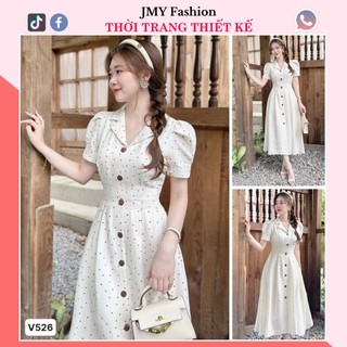 V526 Váy trắng kem xòe chấm bi dáng dài đi biển [TH Hà Thanh] váy trắng cổ vest dáng xòe dài tiểu thư