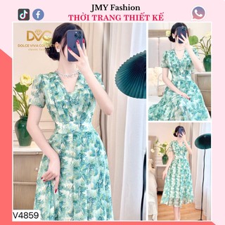 V4859 Váy voan xòe lá xanh cổ V sang chảnh [Dolce Viva Colection (DVC)] đầm xòe xanh lá dáng dài nữ tính