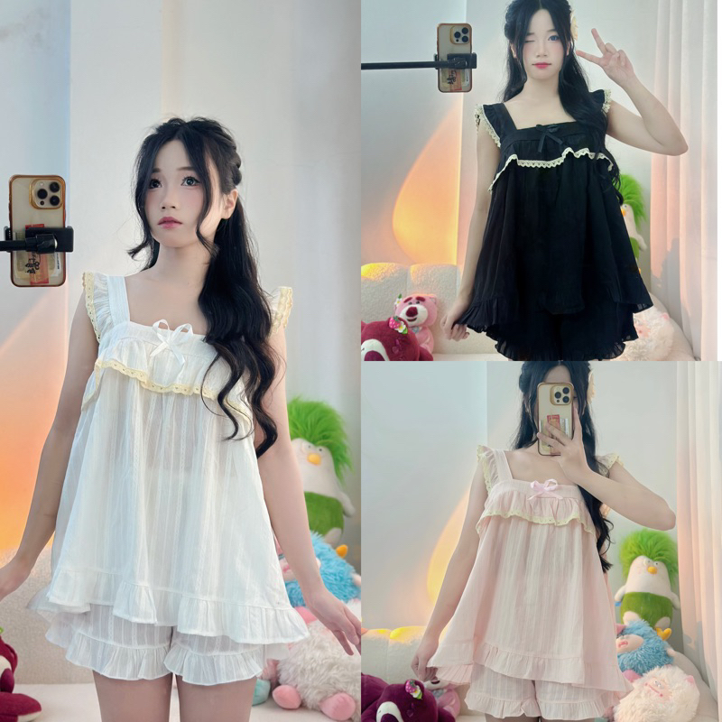 bộ pijama bộ ngủ nữ tiểu thư cổ vuông sát nách vải đũi mùa hè mặc đi ngủ mát mẻ thoải mái Xưởng may 