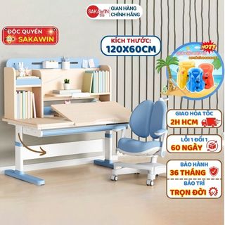 Bộ bàn học chống gù cao cấp Gỗ tự nhiên SO04 Sakawin-Bộ bàn ghế học sinh kích thước 1M2, có giá sách lớn,Kèm bộ quà tặng