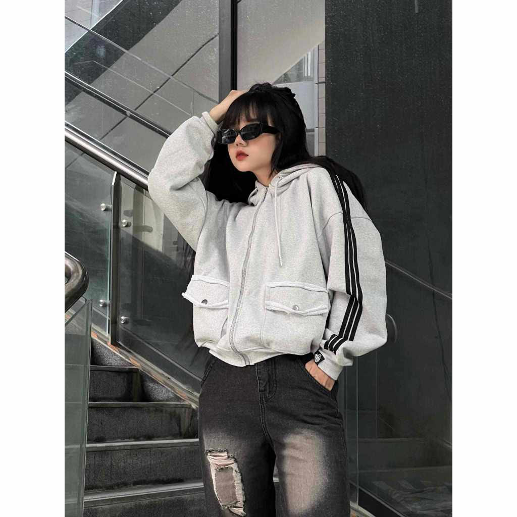 Tarbo Club - Áo Khoác Hoodie  Zip Boxy PhốI Sọc  - Áo Khoác Nỉ Form Boxy Local Brand | BigBuy360 - bigbuy360.vn