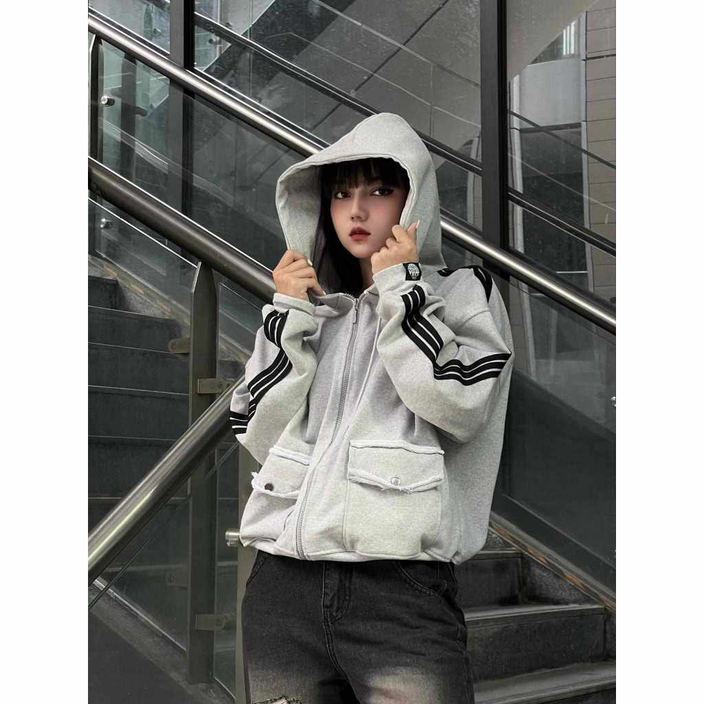 Tarbo Club - Áo Khoác Hoodie  Zip Boxy PhốI Sọc  - Áo Khoác Nỉ Form Boxy Local Brand | BigBuy360 - bigbuy360.vn