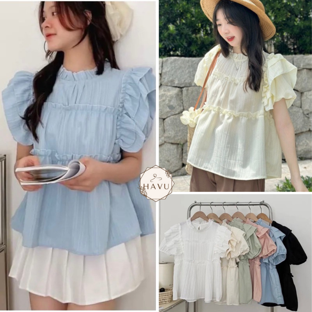  Áo babydoll cánh tiên tay bèo màu pastel áo sơ mi kiểu nữ tay cánh tiên nhún bèo áo babydoll cánh tiên đũi gân 