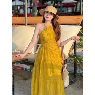 Váy yếm cuốn hoa nhún eo tiểu thư