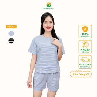  Bộ đùi nữ chất cotton thời trang Việt Thắng áo cộc tay quần đùi kẻ sọc - B43.2407