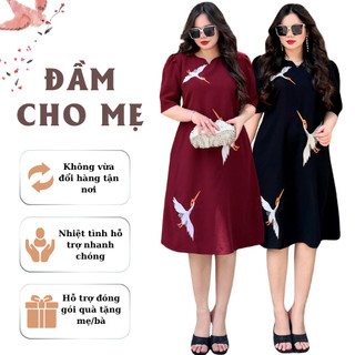 Đầm Bigsize Trung Niên Thêu Hạc Siêu thực Form suông A che bụng tốt che bắp tay to, hình thêu bền đẹp Form chuẩn CG033
