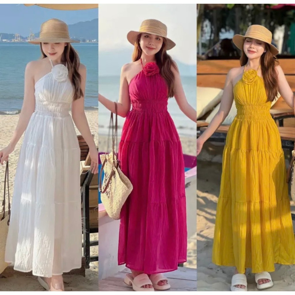 Váy yếm cuốn hoa nhún eo tiểu thư