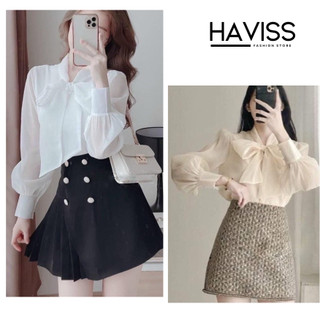 Sơ mi kiểu tiểu thư Haviss tay bồng phối cúc ngọc cổ nơ voan 2 lớp thời trang công sở nữ phong cách basic nhẹ nhàng