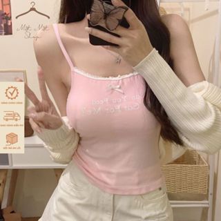 Áo Len Tăm 2 Dây CÓ ĐỆM MÚT NGỰC , Áo Len Chất Thun Mền In Chữ Phối Nơ Trước Ngực Dáng Croptop Ôm Body QCCC Matmatshop